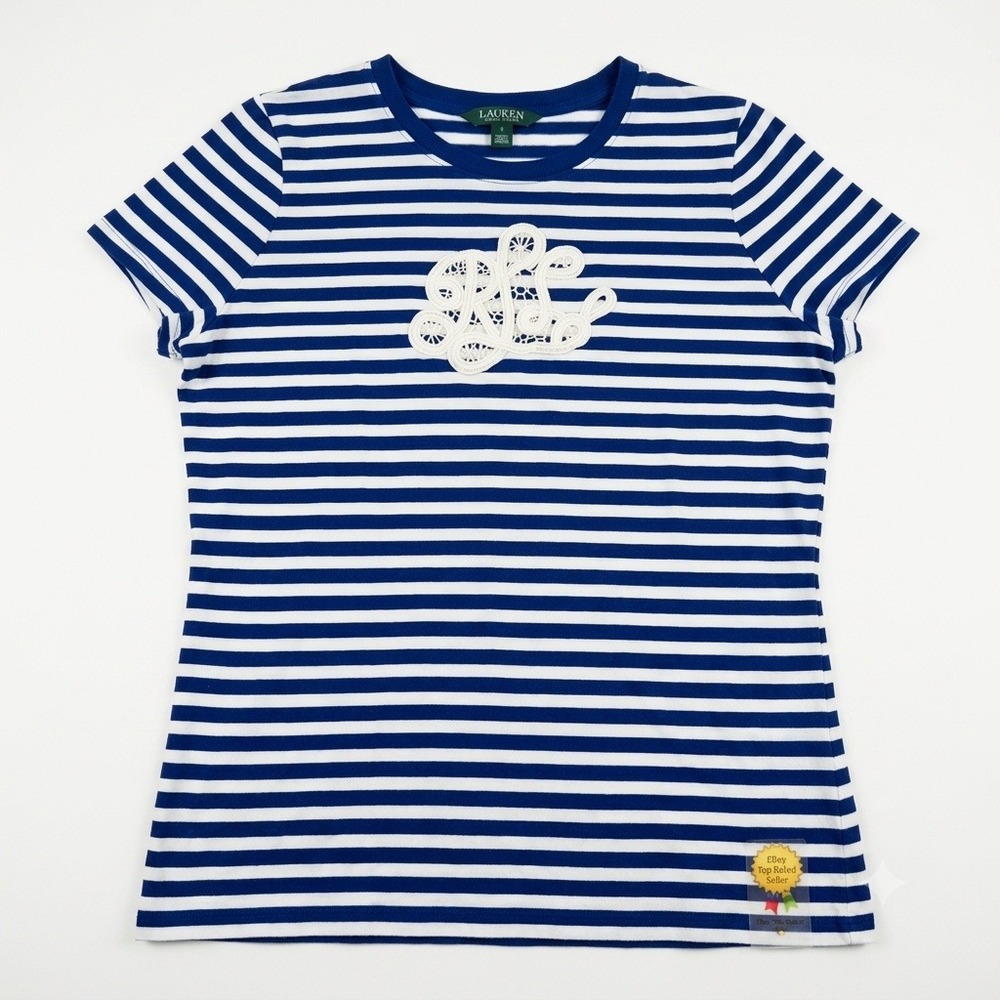 Lauren‎ Ralph Lauren Shirt Womens L Blue White Striped Lace LRL Logo Tee Cotton